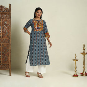 Grey Srikalahasti Mosaic Fusion Cotton Straight Ikat Kurta for Women