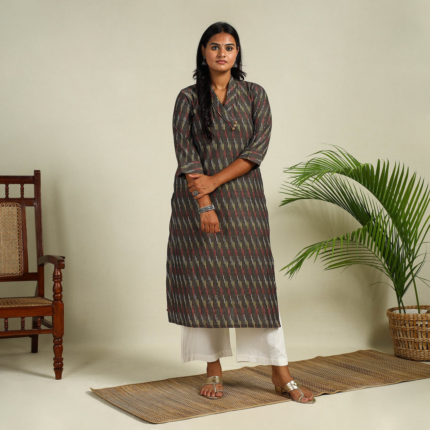 Grey Cotton Straight Pochampally Ikat Kurta for women