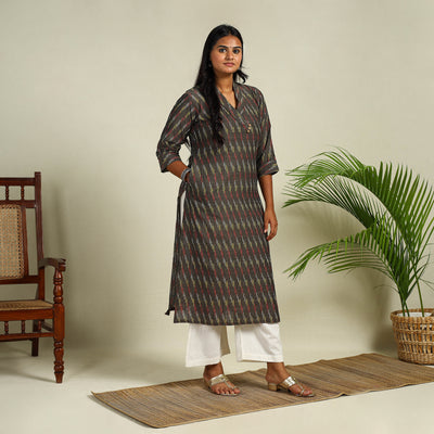 Grey Cotton Straight Pochampally Ikat Kurta for women