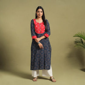 Fusion Mul Cotton Straight Blue Ajrakh Kurta for Women's