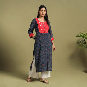 Fusion Mul Cotton Straight Blue Ajrakh Kurta for Women's