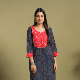 Fusion Mul Cotton Straight Blue Ajrakh Kurta for Women's