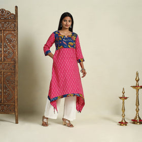  Pink Srikalahasti Mosaic Fusion Cotton A-Line Ikat Kurta for Women