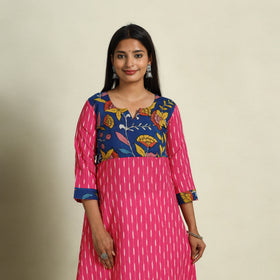  Pink Srikalahasti Mosaic Fusion Cotton A-Line Ikat Kurta for Women