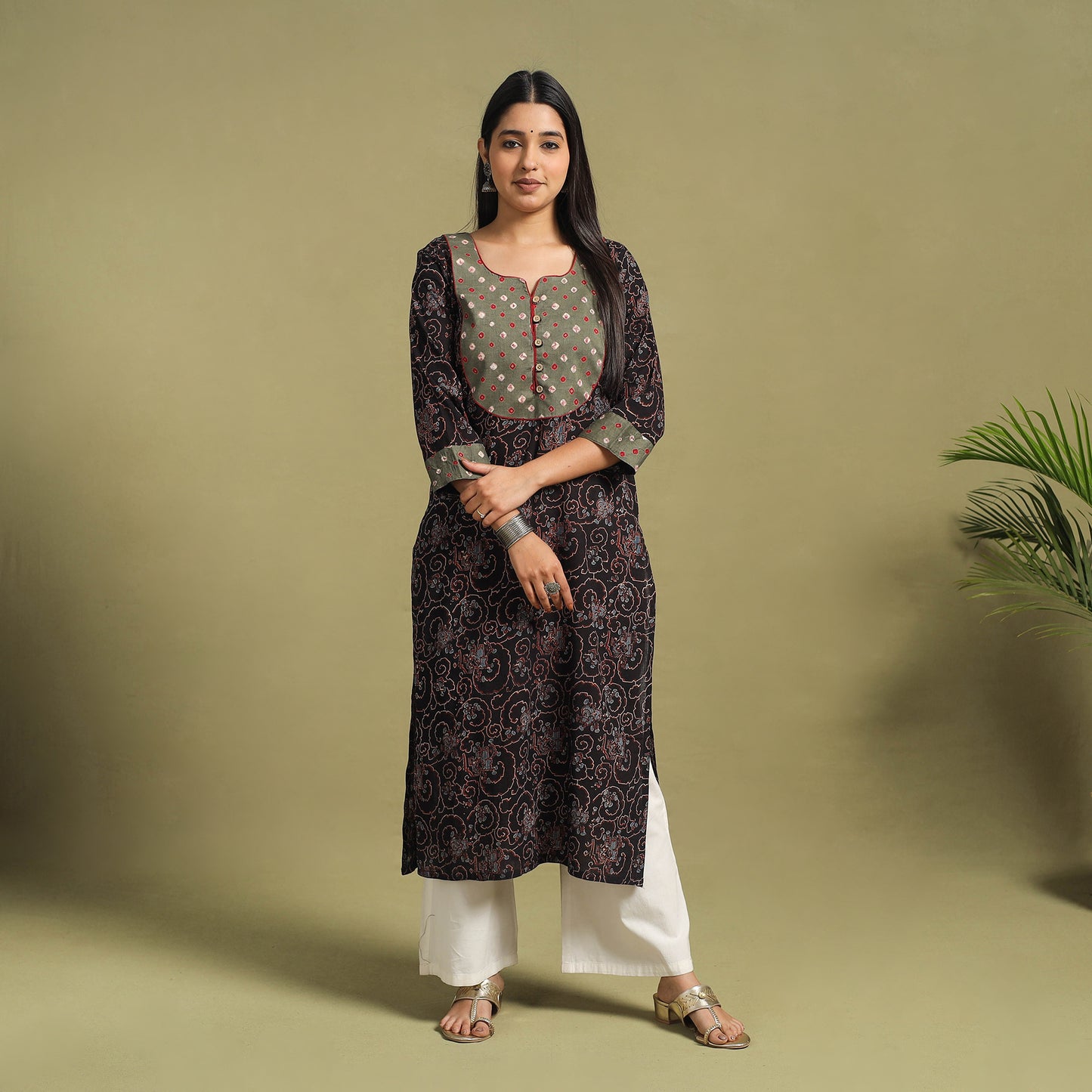Fusion Mul Cotton Straight Black Ajrakh Kurta for Women