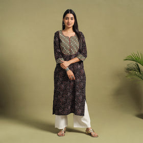 Fusion Mul Cotton Straight Black Ajrakh Kurta for Women