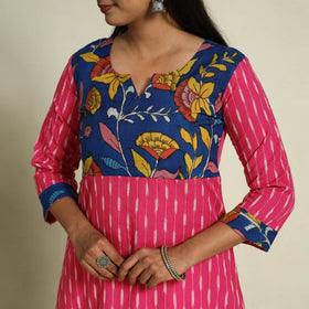  Pink Srikalahasti Mosaic Fusion Cotton A-Line Ikat Kurta for Women