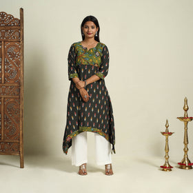 Black Srikalahasti Mosaic Fusion Cotton A-Line Ikat Kurta for Women