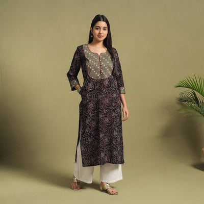 Fusion Mul Cotton Straight Black Ajrakh Kurta for Women