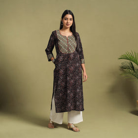 Fusion Mul Cotton Straight Black Ajrakh Kurta for Women