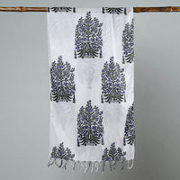 White - Sanganeri Block Printed Cotton Stole with Tassels 55