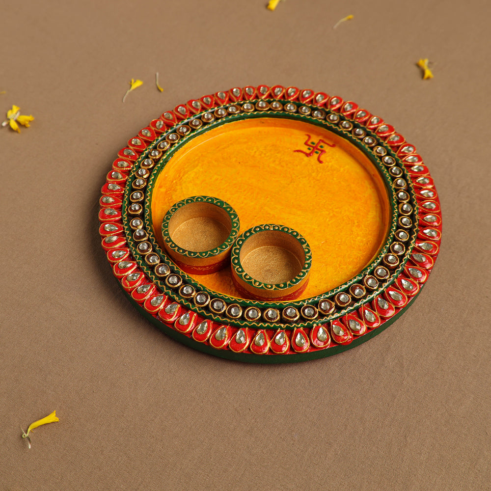 Diwali Decor Handpainted Wooden Pooja Thali