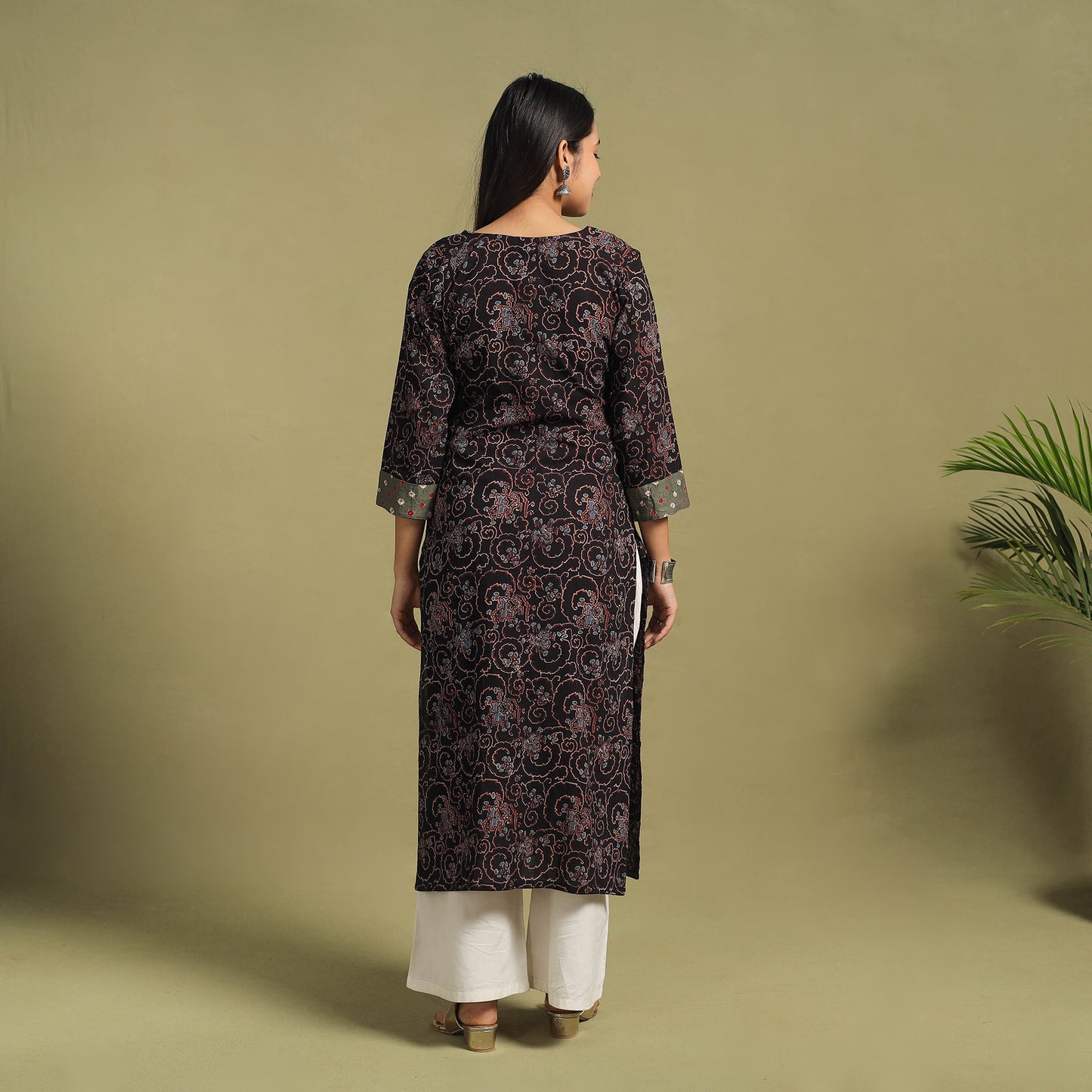 Fusion Mul Cotton Straight Black Ajrakh Kurta for Women