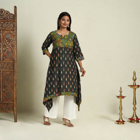 Black Srikalahasti Mosaic Fusion Cotton A-Line Ikat Kurta for Women