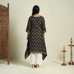 Black Srikalahasti Mosaic Fusion Cotton A-Line Ikat Kurta for Women