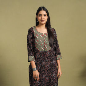 Fusion Mul Cotton Straight Black Ajrakh Kurta for Women