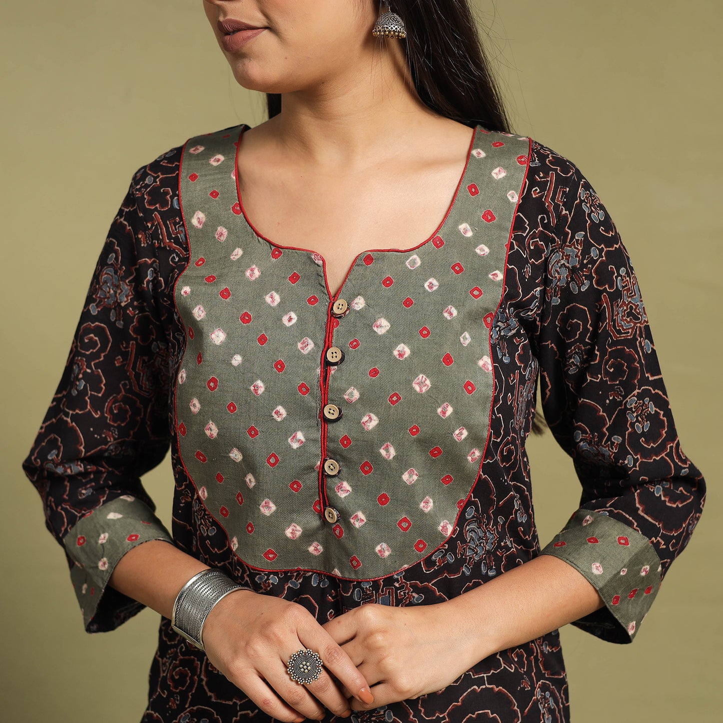 Fusion Mul Cotton Straight Black Ajrakh Kurta for Women