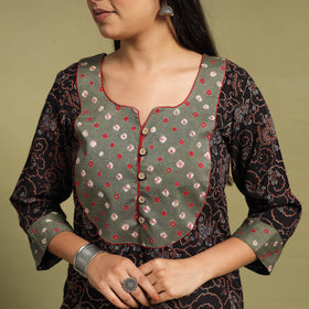 Fusion Mul Cotton Straight Black Ajrakh Kurta for Women