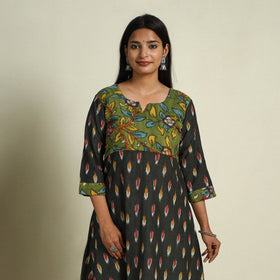 Black Srikalahasti Mosaic Fusion Cotton A-Line Ikat Kurta for Women