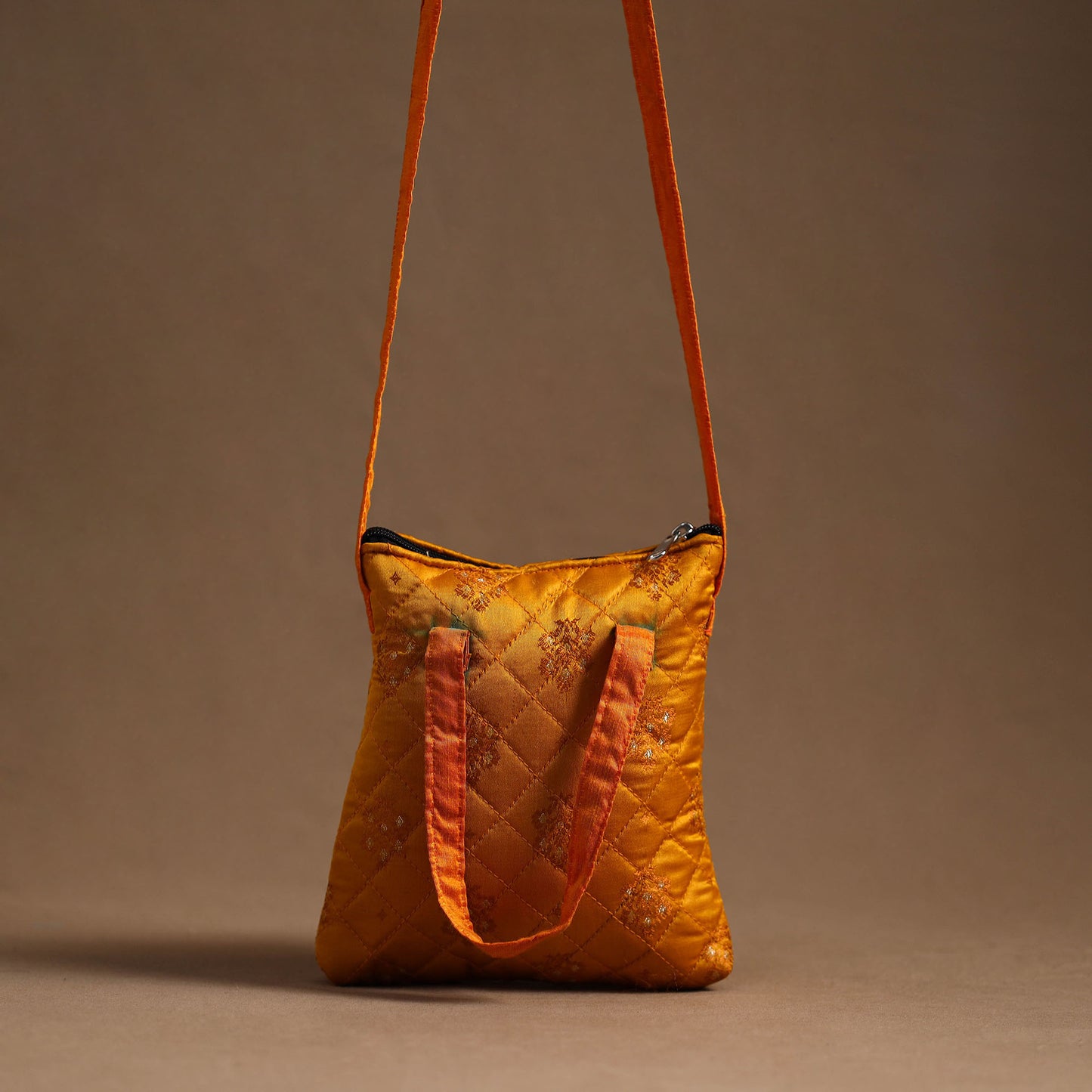 Orange - Handcrafted Quilted Silk Sling Bag 17