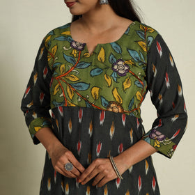 Black Srikalahasti Mosaic Fusion Cotton A-Line Ikat Kurta for Women