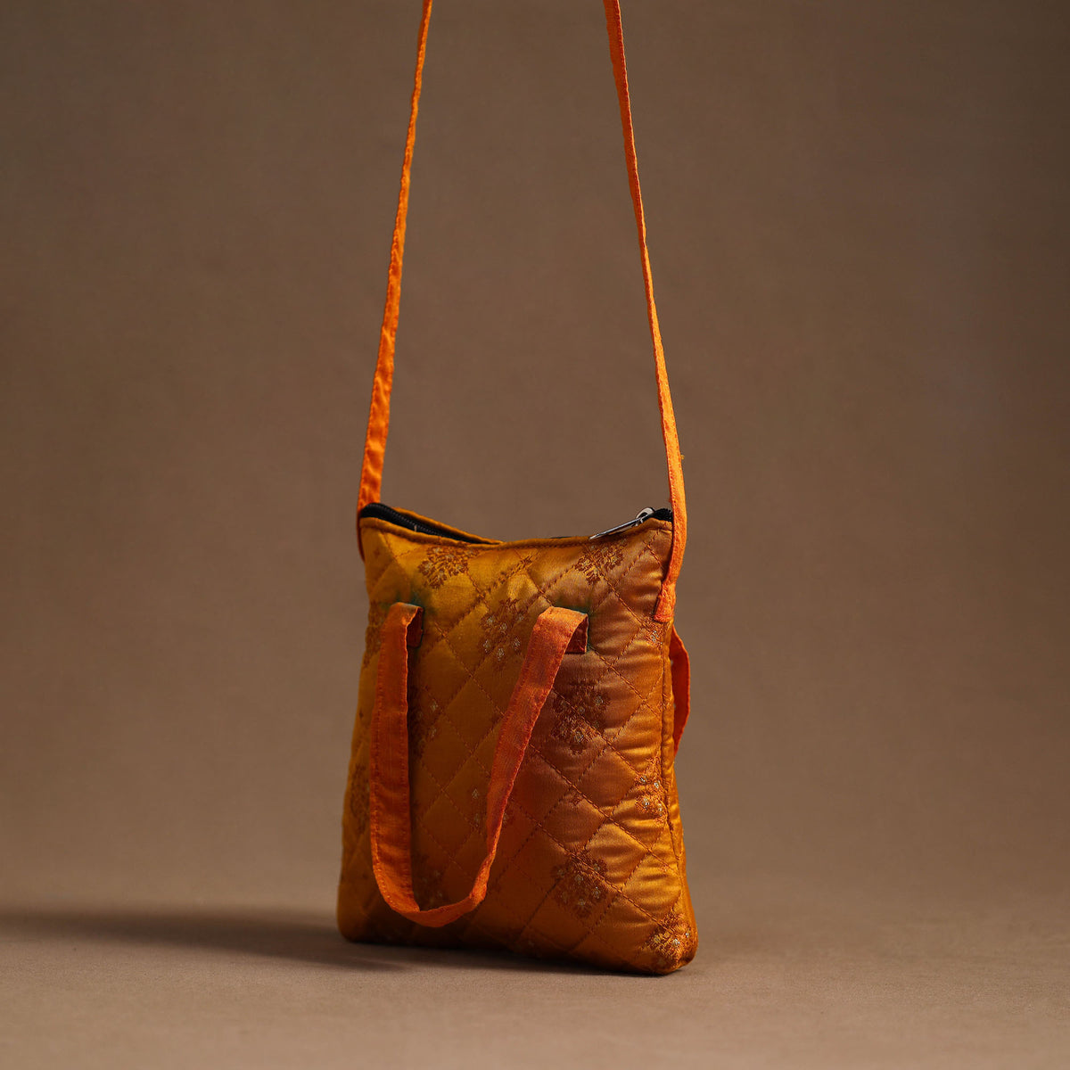 Orange - Handcrafted Quilted Silk Sling Bag 17