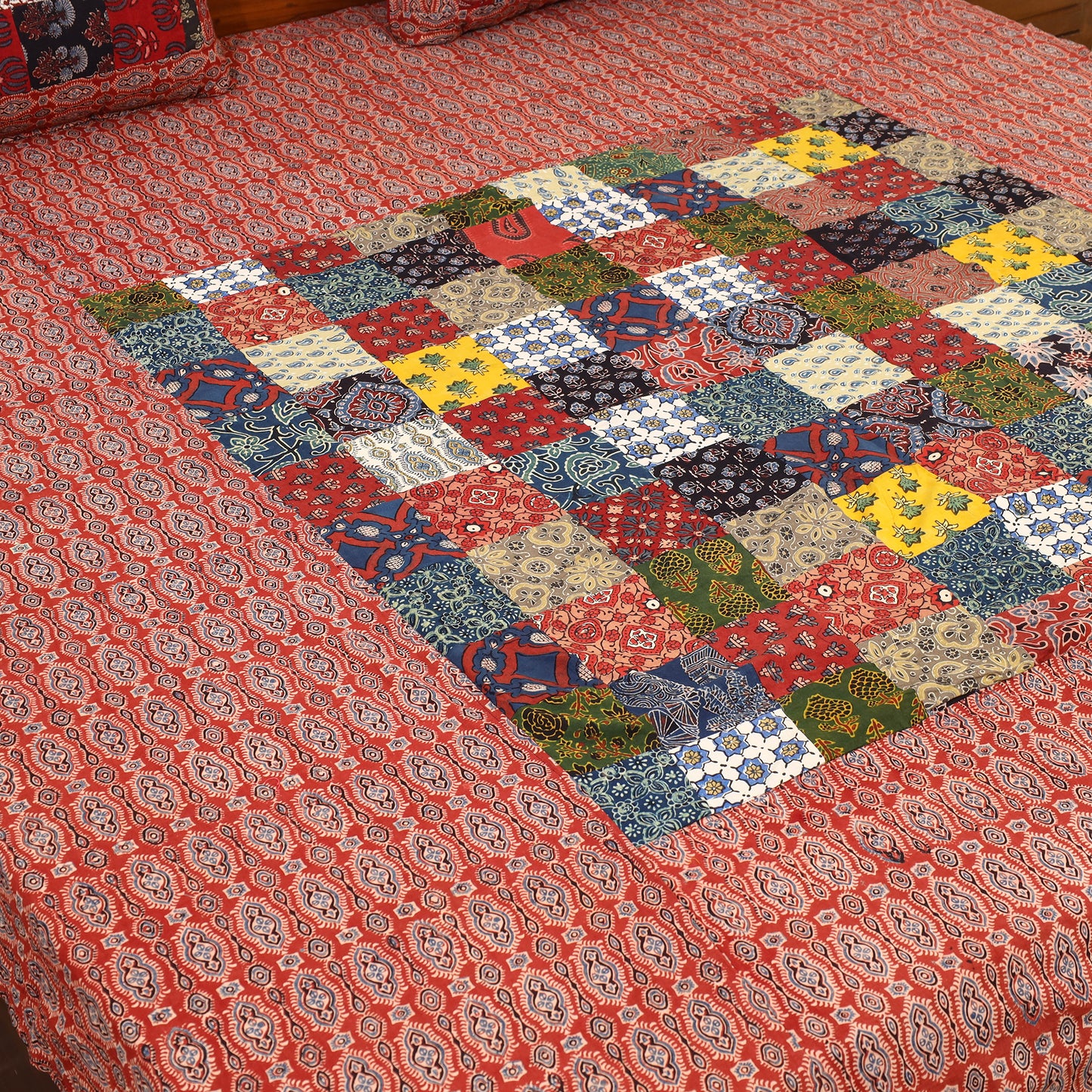 Patchwork Block Print Ajrakh Cotton Double Bed Sheet Set 02