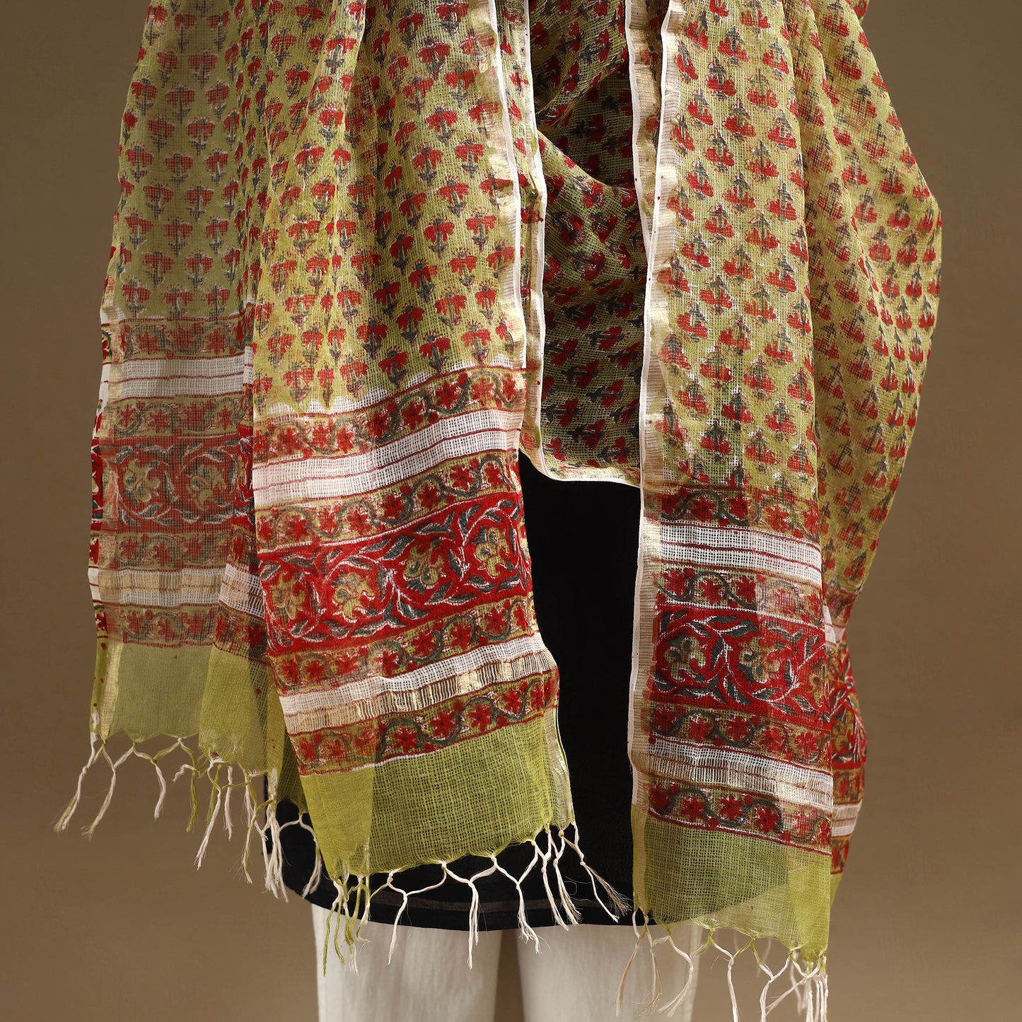 Green Sanganeri Block Print Cotton Kota Doria Dupatta