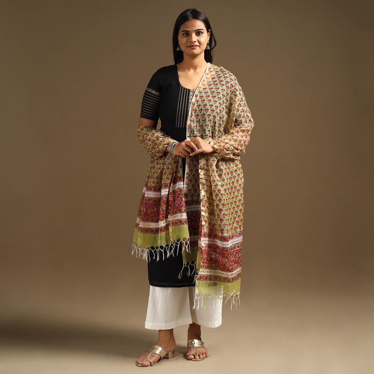 Green Sanganeri Block Print Cotton Kota Doria Dupatta