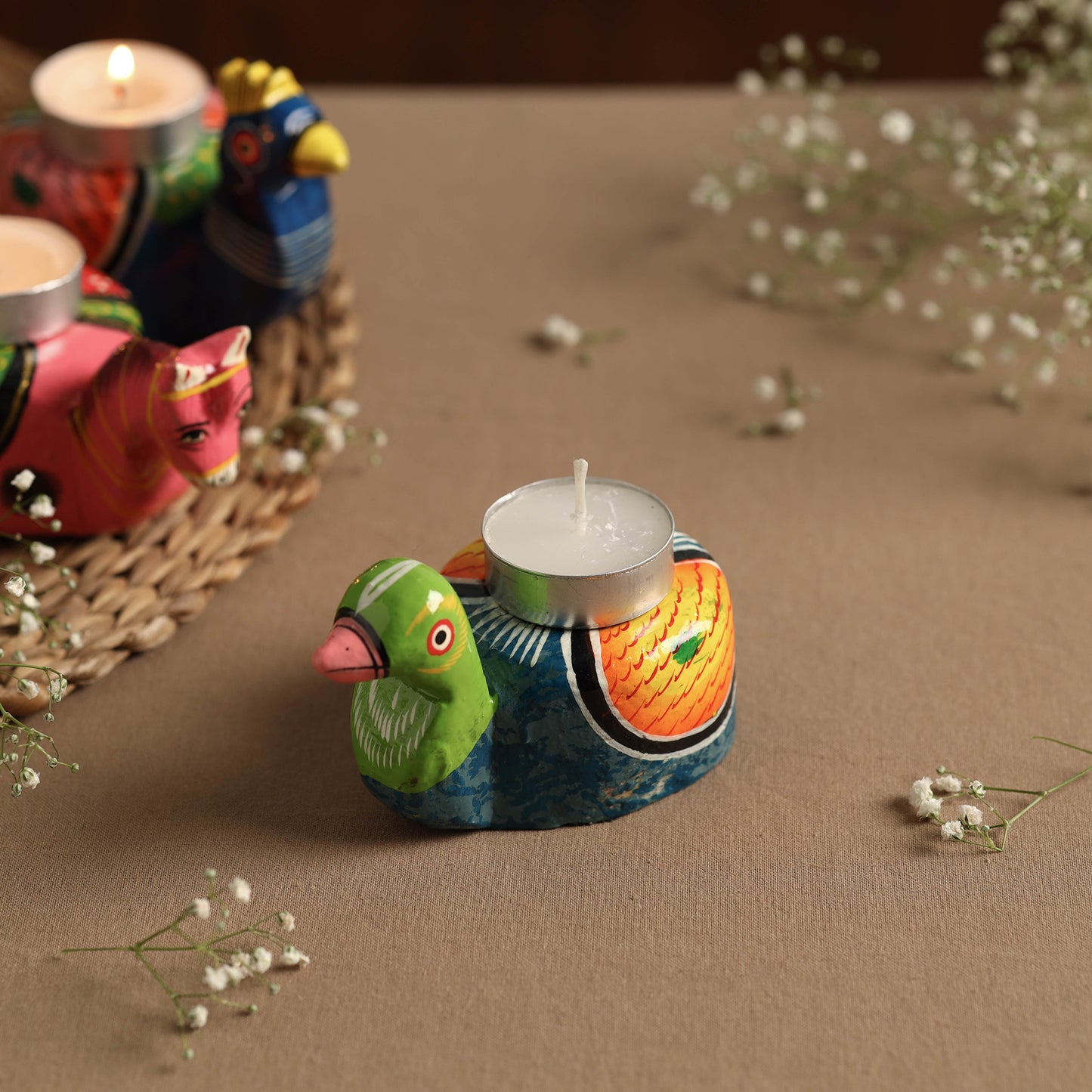Peacock - Banaras Handpainted Wooden Candle Holder