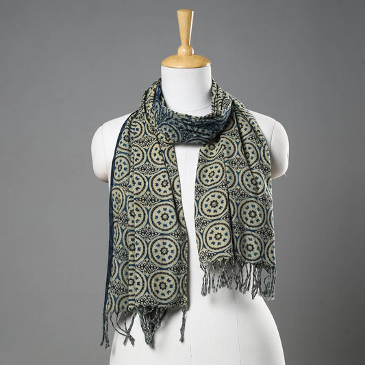 Blue - Hand Block Printed Cotton Stole with Tassels