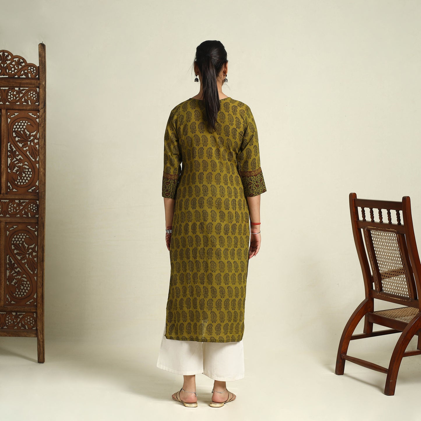 Buy Green Block Print Mul Cotton Straight Bagh Kurta for Women