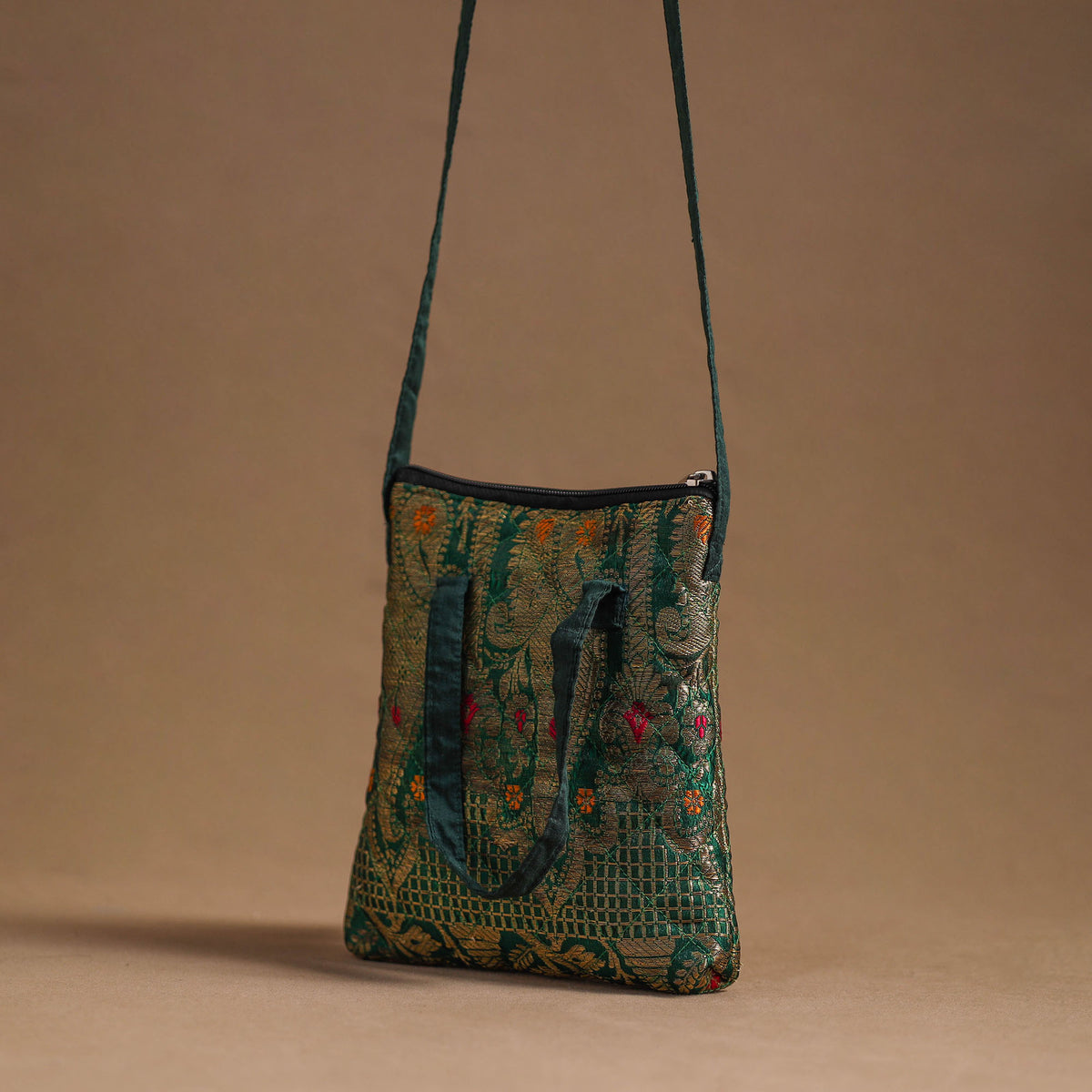 Green - Handcrafted Quilted Silk Sling Bag 23