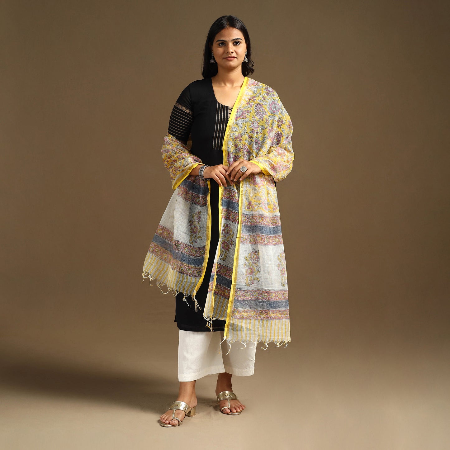 Yellow Sanganeri Block Print Cotton Kota Doria Dupatta