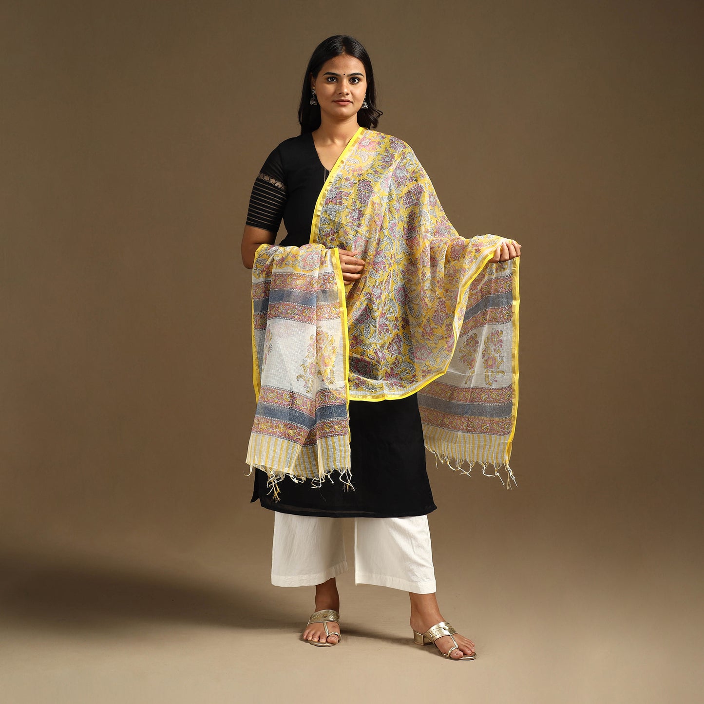 Yellow Sanganeri Block Print Cotton Kota Doria Dupatta