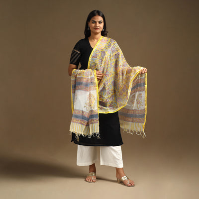 Yellow Sanganeri Block Print Cotton Kota Doria Dupatta