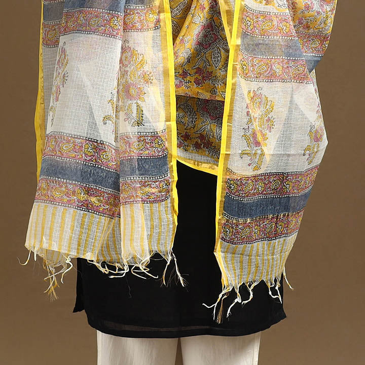 Yellow Sanganeri Block Print Cotton Kota Doria Dupatta