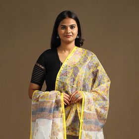 Yellow Sanganeri Block Print Cotton Kota Doria Dupatta