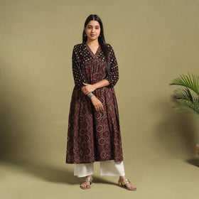 Fusion Mul Cotton Flared Brown Ajrakh Kurta for Women