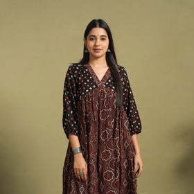 Fusion Mul Cotton Flared Brown Ajrakh Kurta for Women