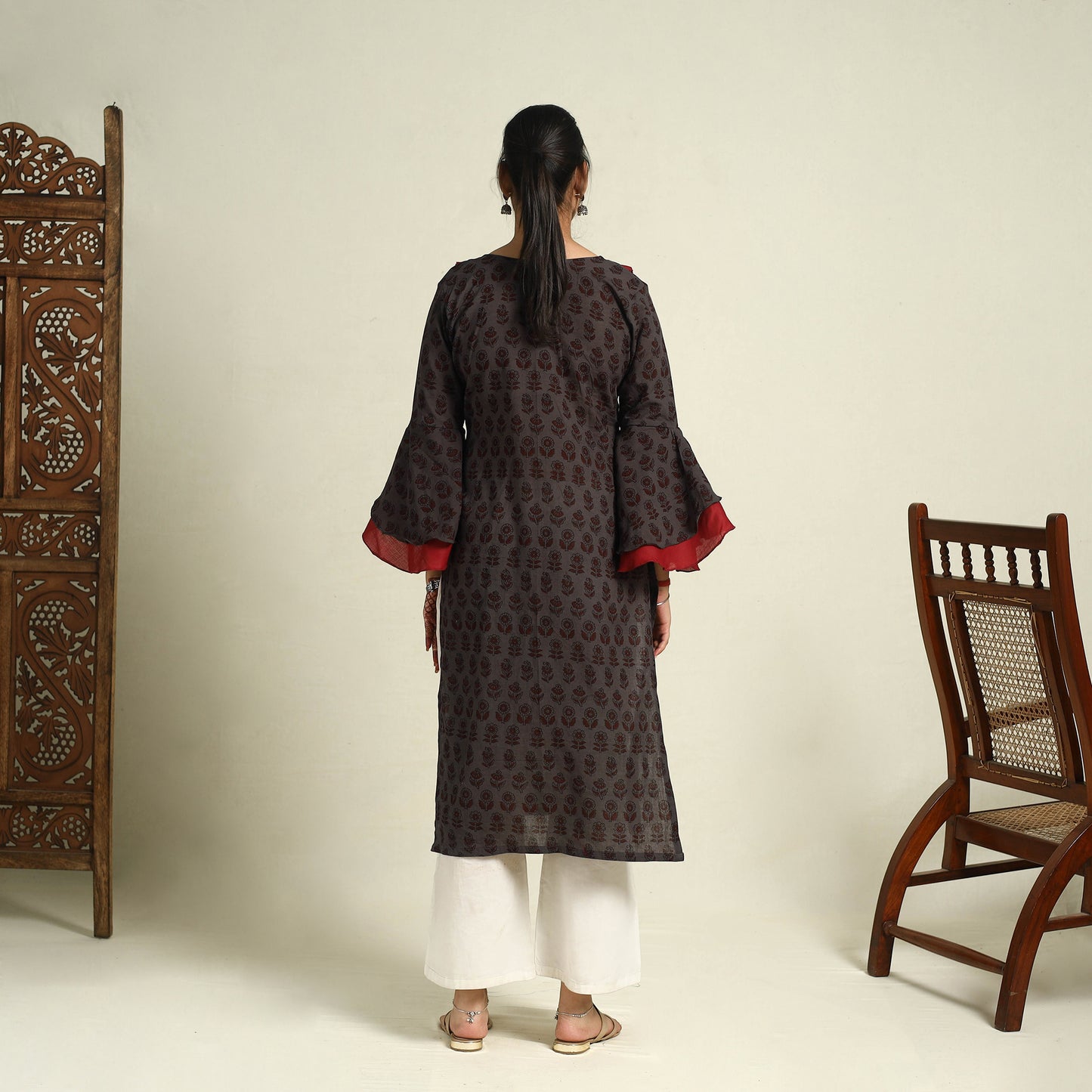  Brown Block Print Mul Cotton Straight Bagh Kurta for Women