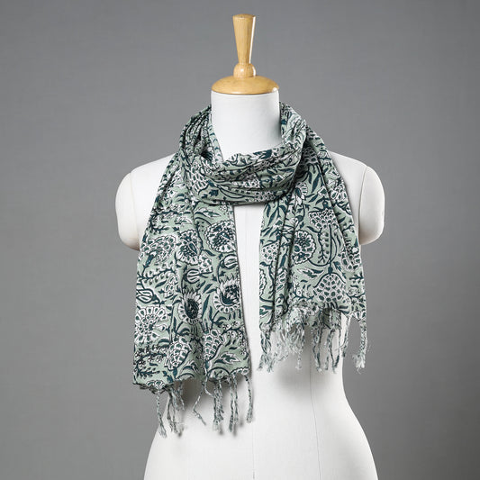 Green - Sanganeri Block Printed Cotton Stole with Tassels