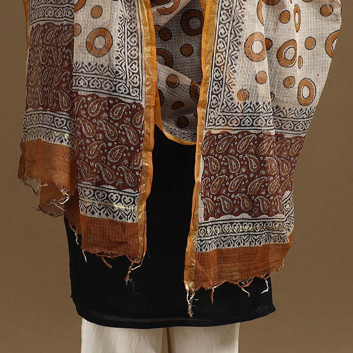 Beige Bagru Block Print Cotton Kota Doria Dupatta
