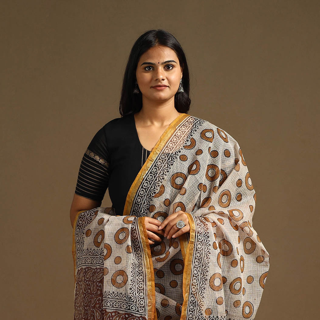 Beige Bagru Block Print Cotton Kota Doria Dupatta