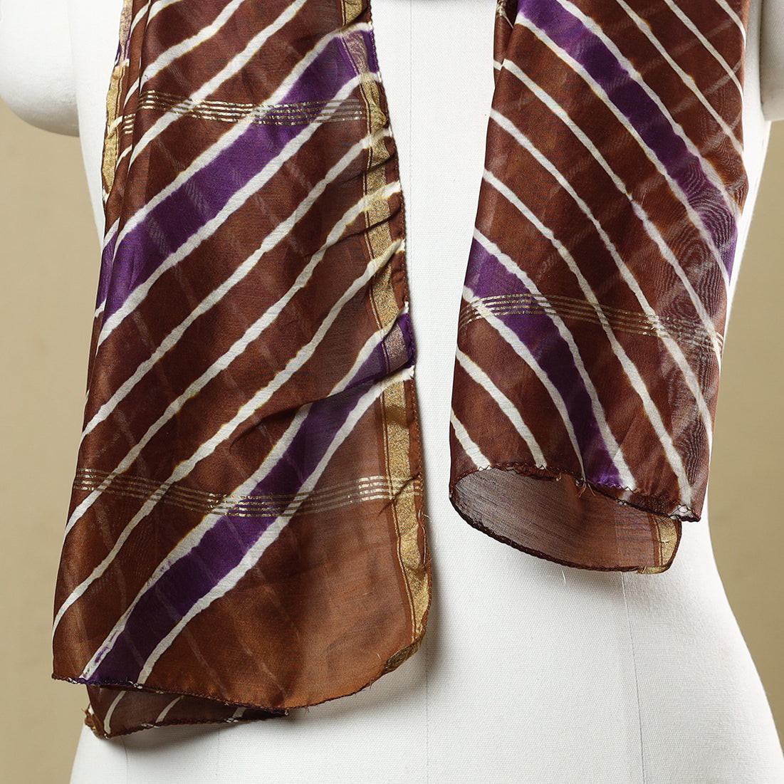 Brown - Leheriya Tie-Dye Chanderi Silk Handloom Stole with Zari Border 44