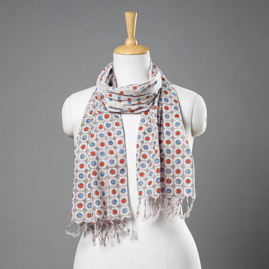 White - Hand Block Printed Cotton Stole with Tassels