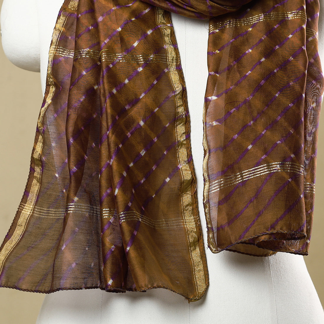 Brown - Leheriya Tie-Dye Mothra Chanderi Silk Handloom Stole with Zari Border 16