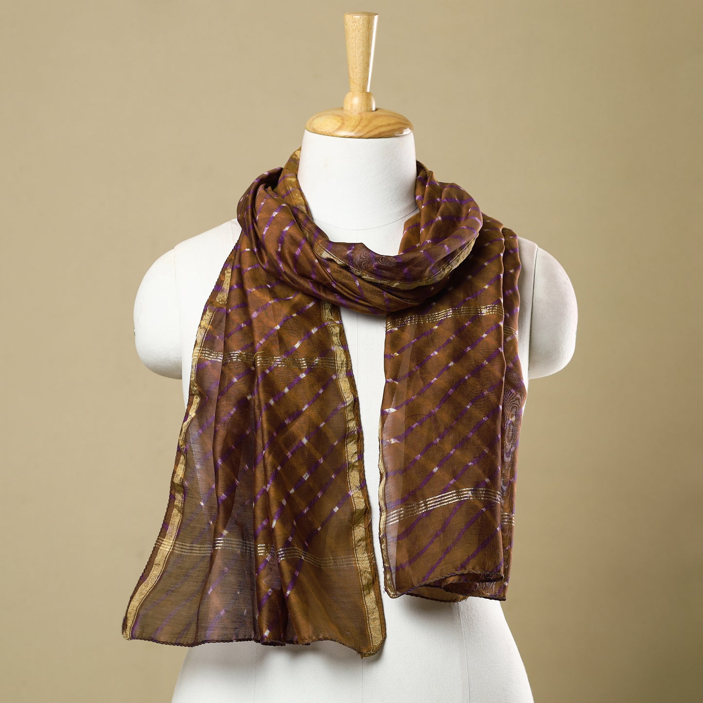 Brown - Leheriya Tie-Dye Mothra Chanderi Silk Handloom Stole with Zari Border 16