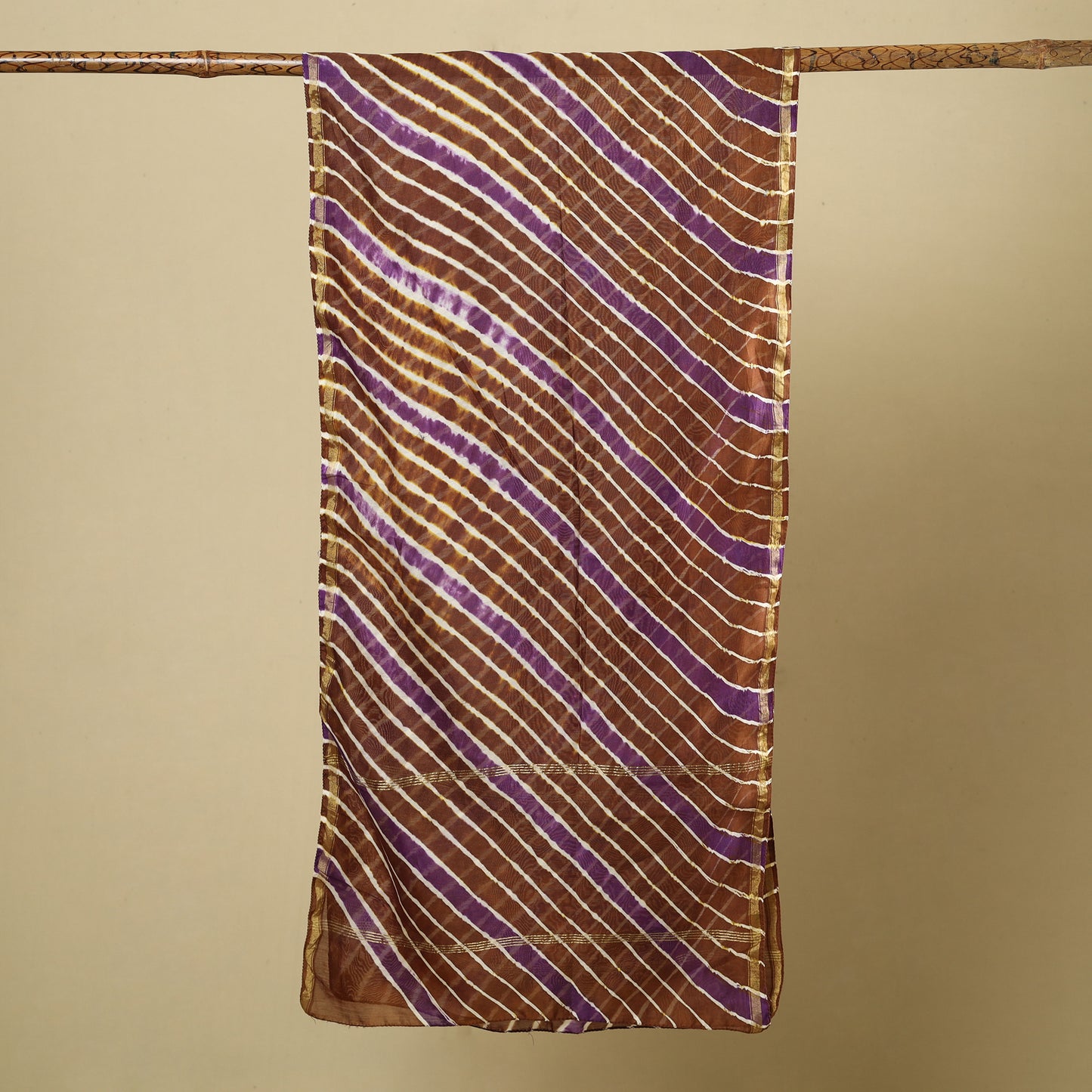 Brown - Leheriya Tie-Dye Chanderi Silk Handloom Stole with Zari Border 44