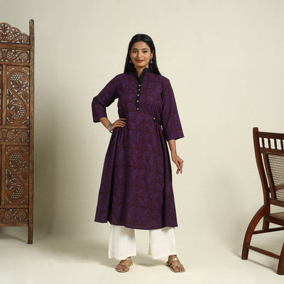  Block Print Mul Cotton A-Line Purple Bagh Kurta for Women